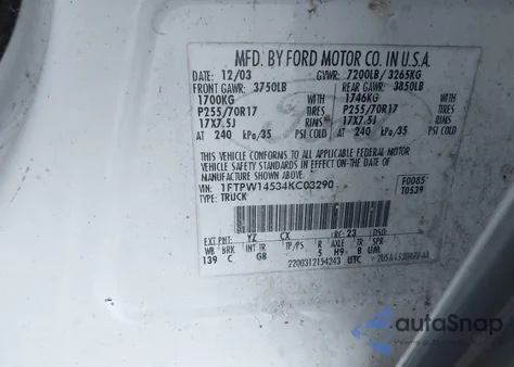 2004 Ford F-150 Fx4/Lariat/Xlt z USA, uszkodzony, nr VIN 1FTPW14534KC03290